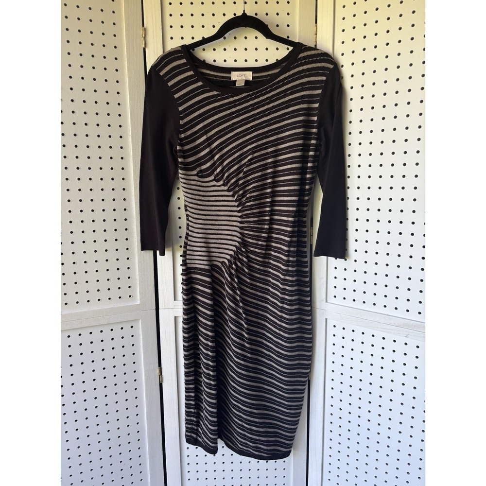 LOFT Black Taupe Rayon Asymmetric Cinch Ruched Fine Sweater Knit Dress Women's S
